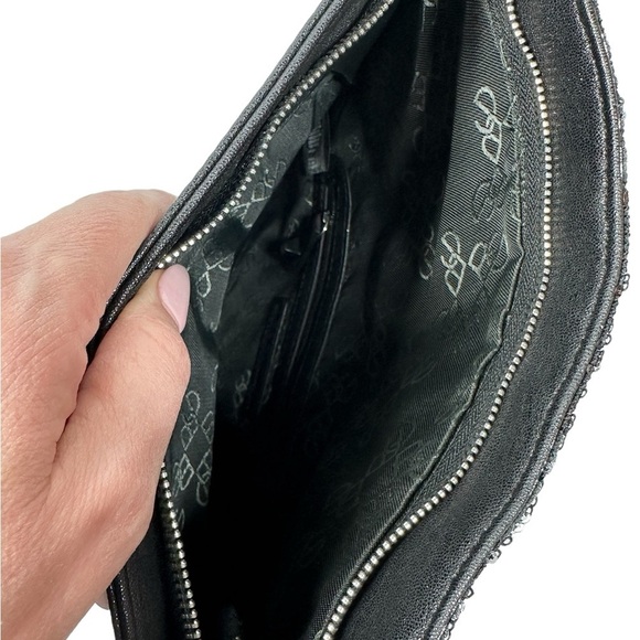 BCBGeneration Black Leather Silver Sequin Foldover Evening Clutch Zipper - Picture 9 of 9